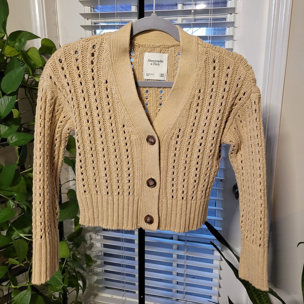Abercrombie & Fitch Womens Tan Pointelle Knit Cropped Cardigan Sweater XXS